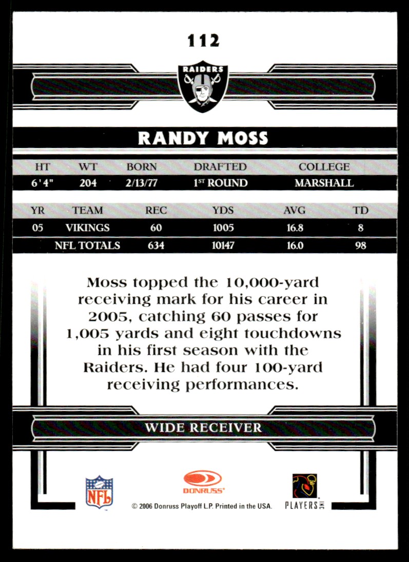 2006 Donruss Threads Randy Moss Oakland Raiders #112 | eBay