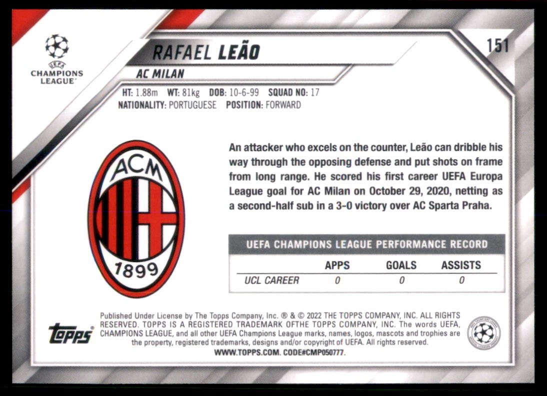 2021 Topps UEFA Champions League Rafael Leao #151 card back image