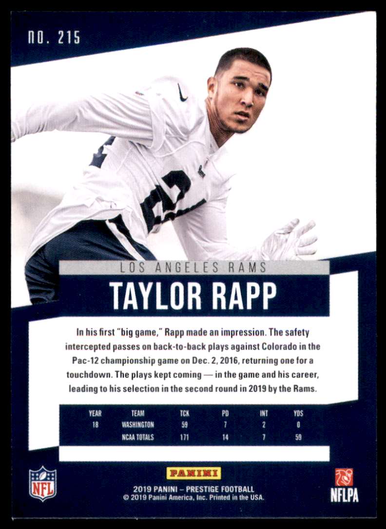 2019 Prestige Taylor Rapp RC #215 card back image