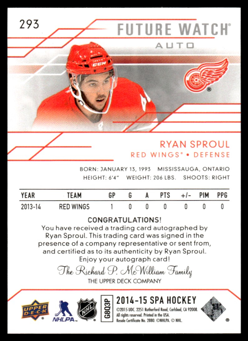 2014-15 SP Authentic FUTURE WATCH AUTO Ryan Sproul #293 card back image