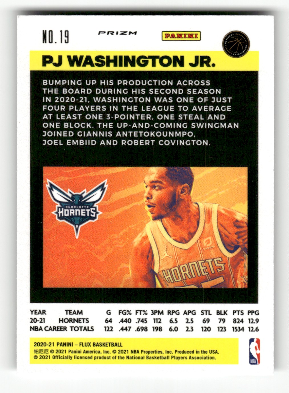 2020-21 Panini Flux Pulsar PJ Washington Jr. #19 card back image