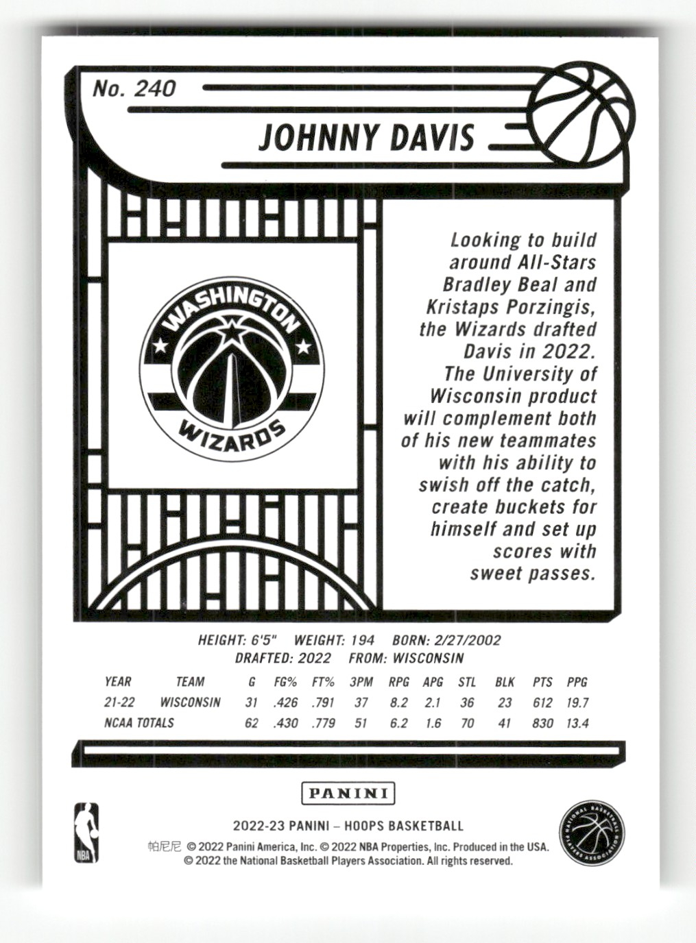 2022-23 Hoops Johnny Davis #240 card back image