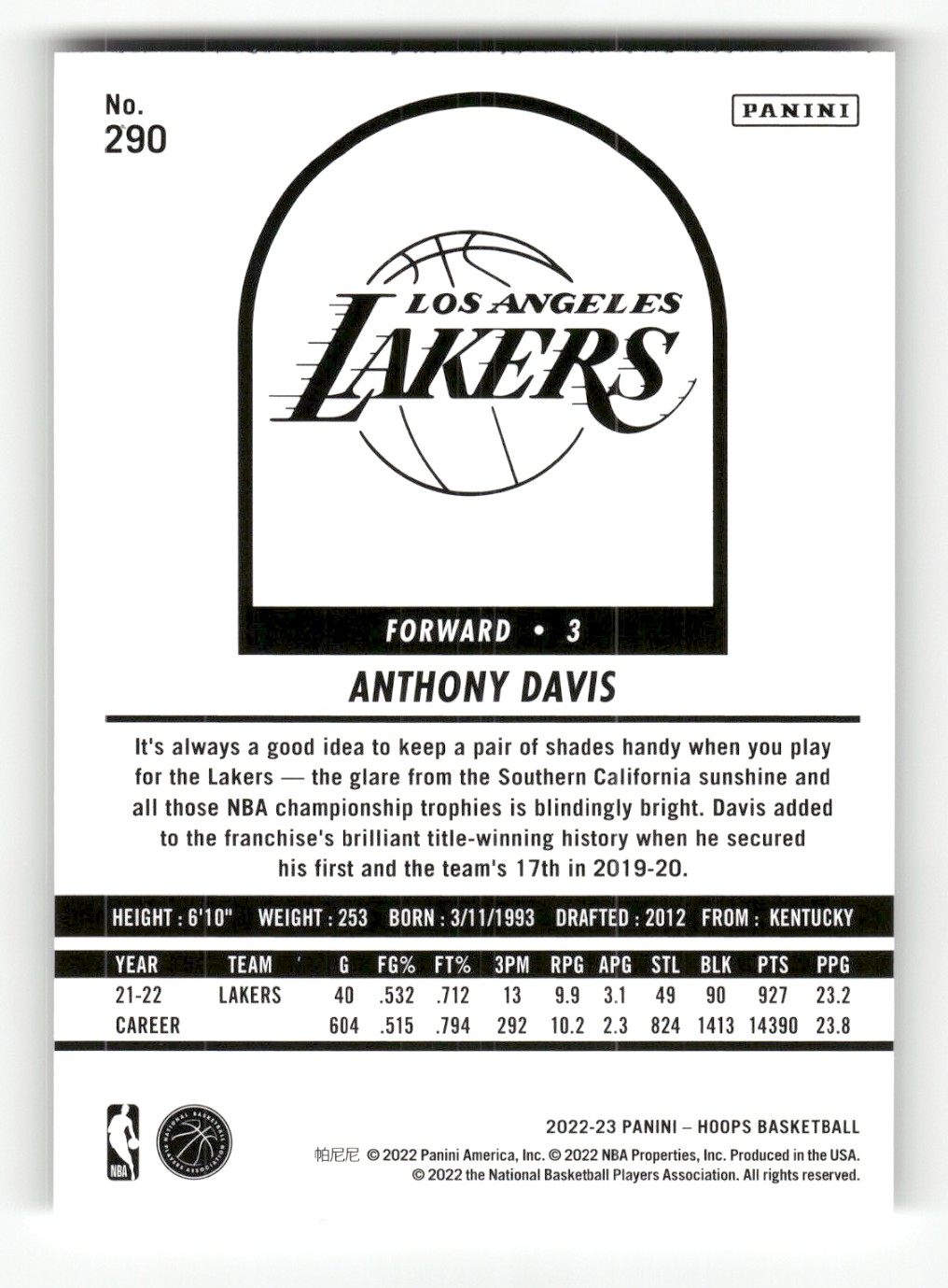 2022-23 Hoops Anthony Davis #290 card back image