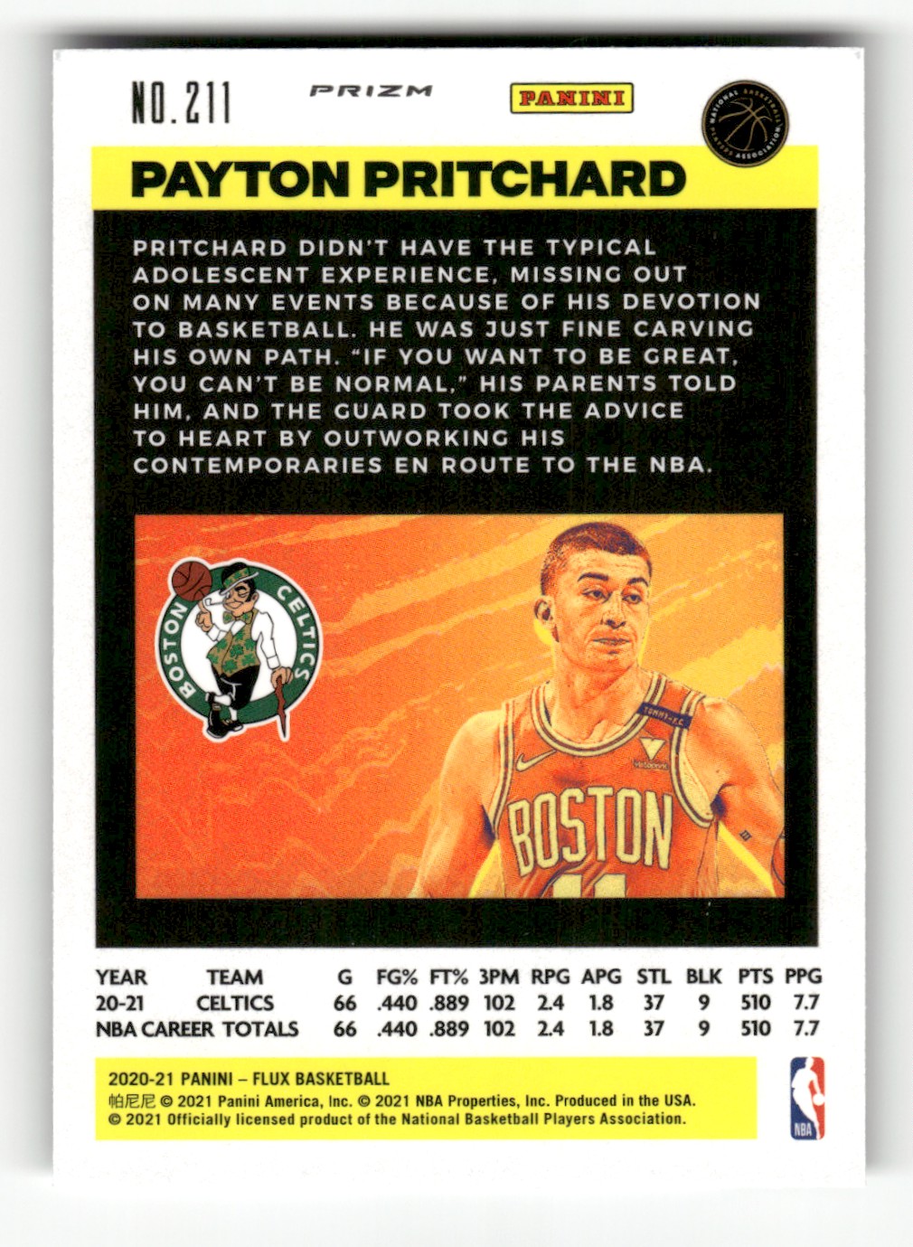2020-21 Panini Flux Pulsar Payton Pritchard #211 card back image