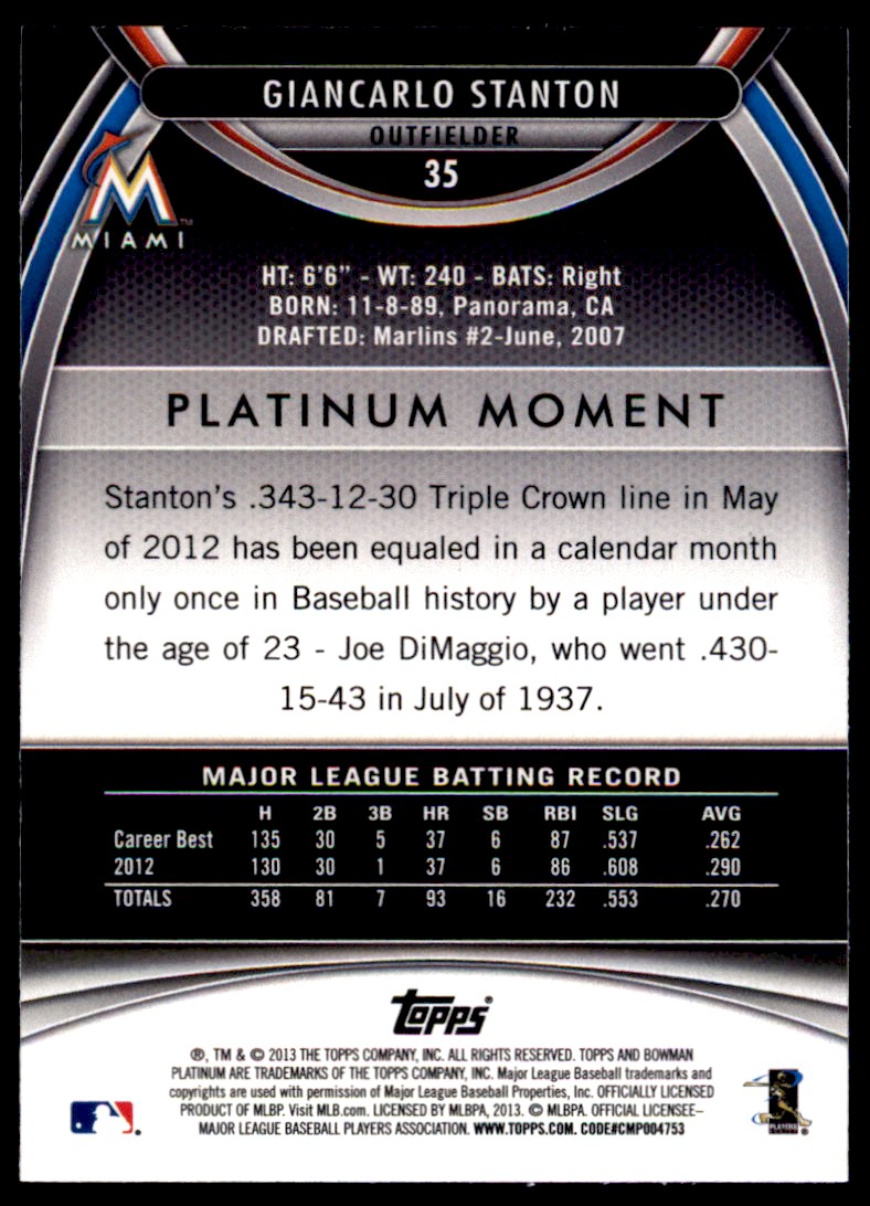 2013 Bowman Platinum Giancarlo Stanton #35 card back image