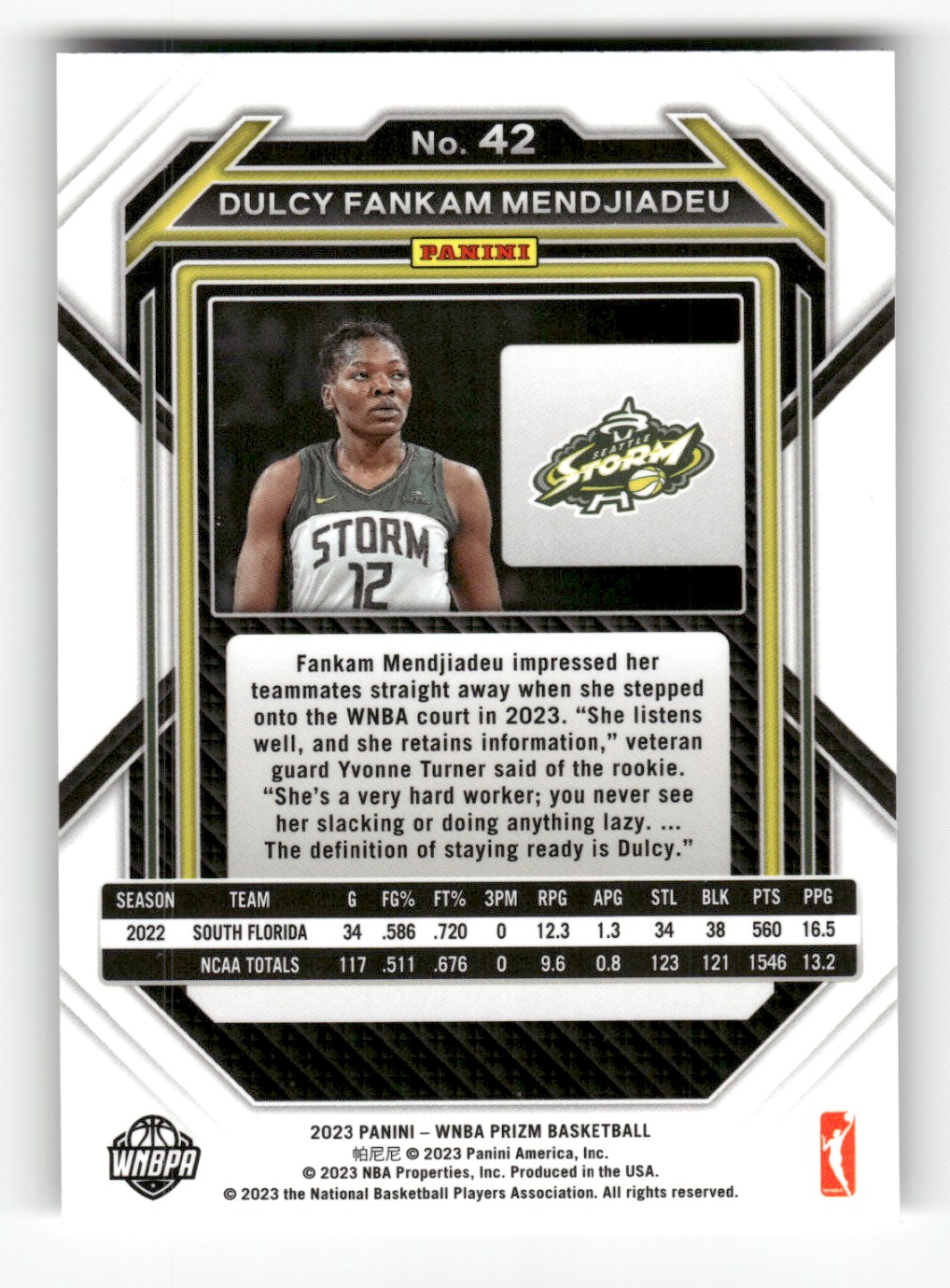 2023-24 Panini Prizm WNBA Dulcy Fankam Mendjiadeu #42 card back image