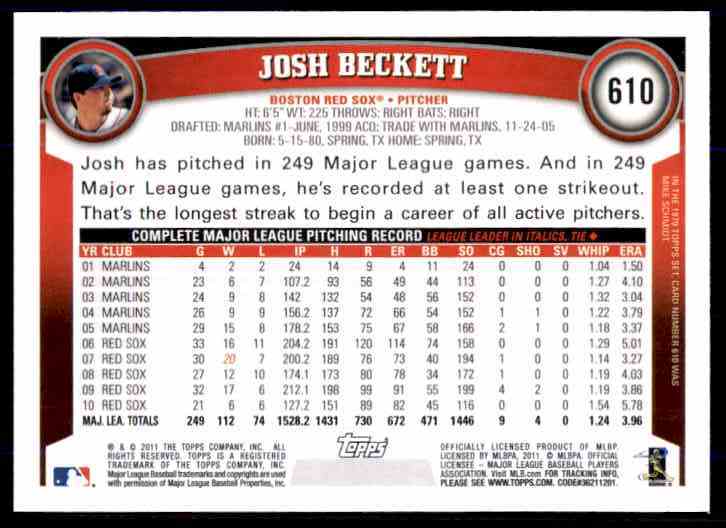 2011 Topps Josh Beckett #610 card back image