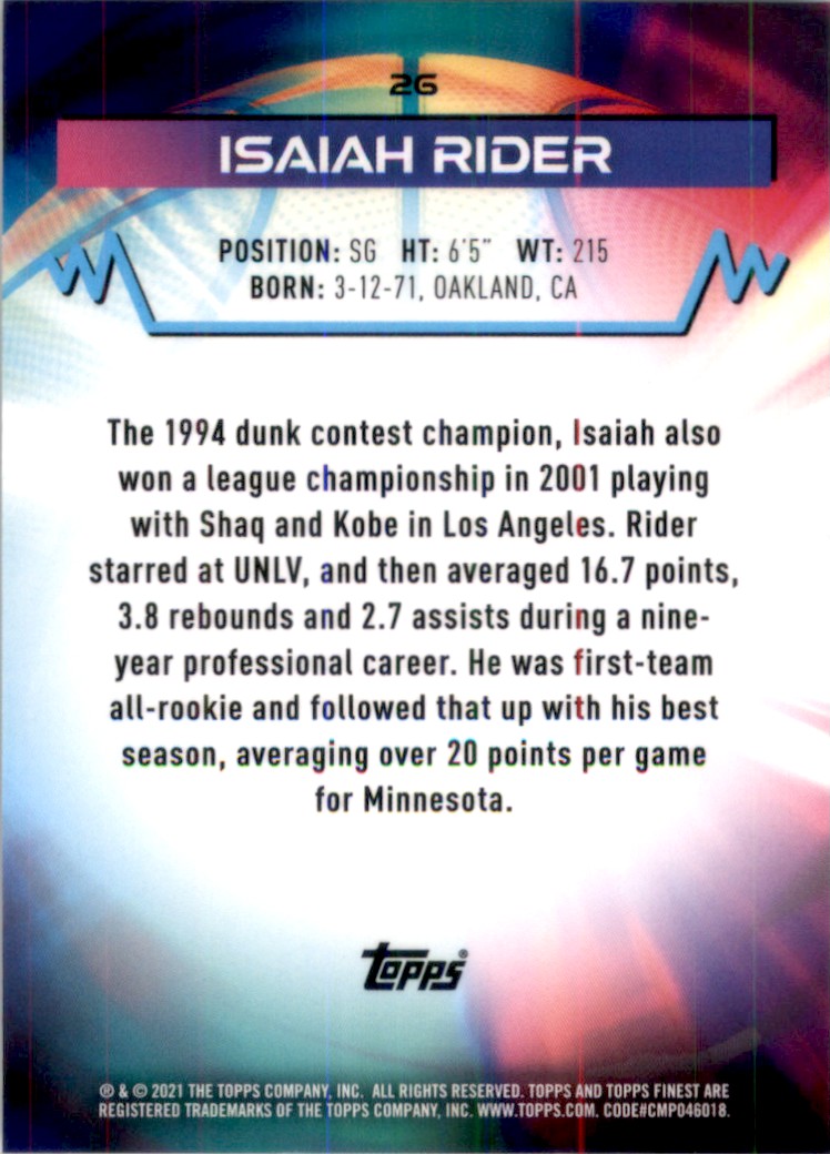 2021-22 Finest Isaiah Rider #26 card back image