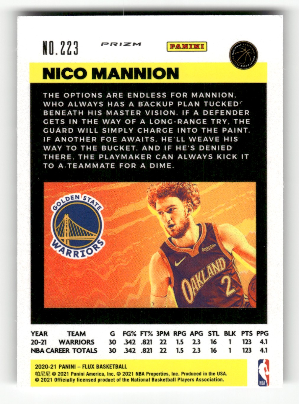 2020-21 Panini Flux Pulsar Nico Mannion #223 card back image