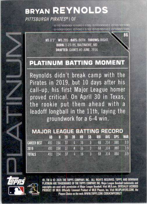 2020 Bowman Platinum Bryan Reynolds #86 card back image