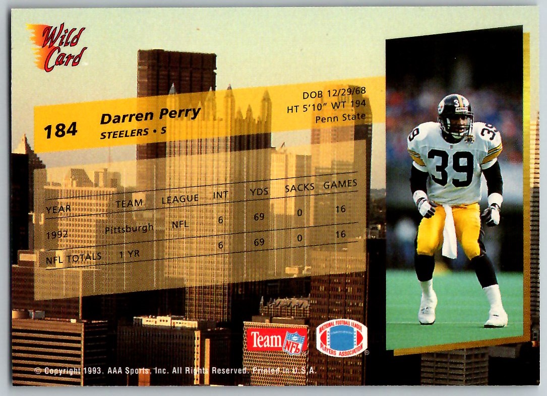 1993 WILD CARD DARREN PERRY PITTSBURGH STEELERS #184 | eBay