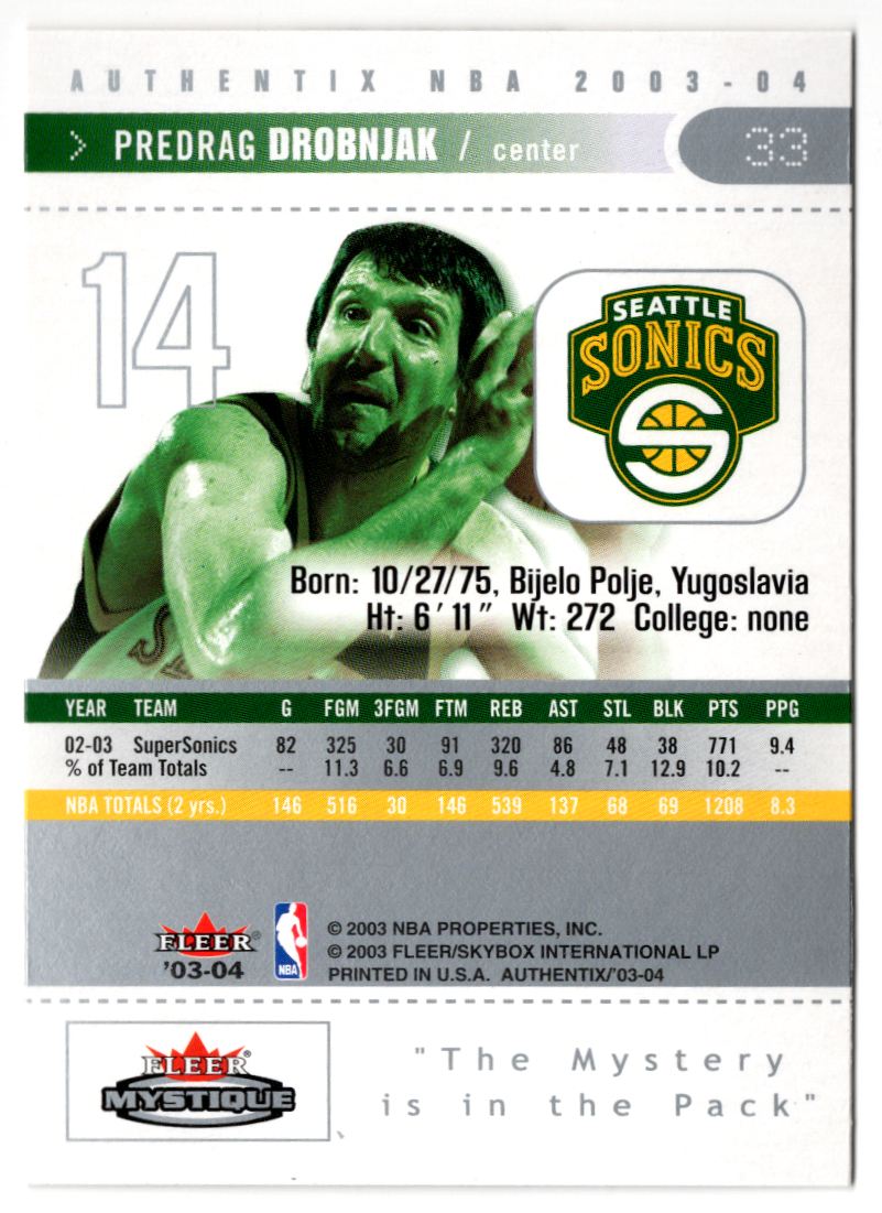 2003-04 Fleer Authentix Predrag Drobnjak #33 card back image