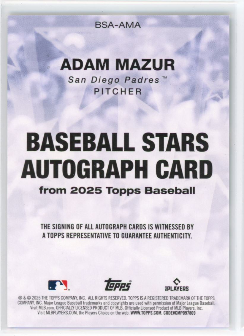 2025 Topps Baseball Stars Autographs Adam Mazur RC Auto San Diego