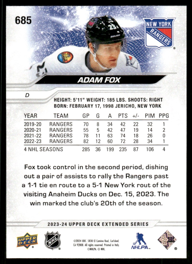 2023-24 Upper Deck Adam Fox #685 card back image