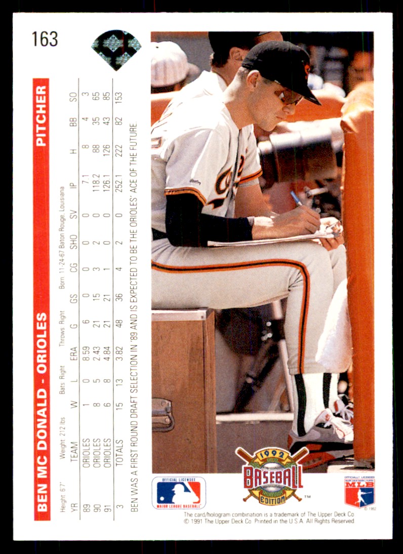 1992 Upper Deck Ben McDonald #163 card back image