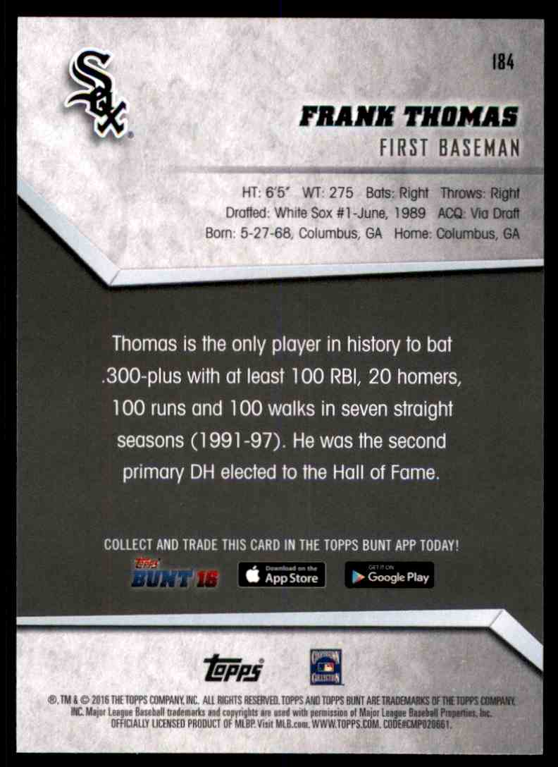 2016 Topps Bunt Frank Thomas #184 card back image