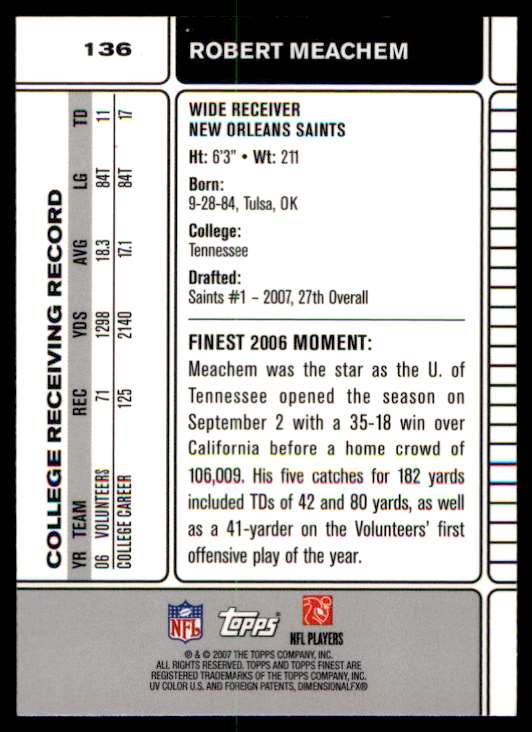 2007 Topps Finest Robert Meachem #136 card back image