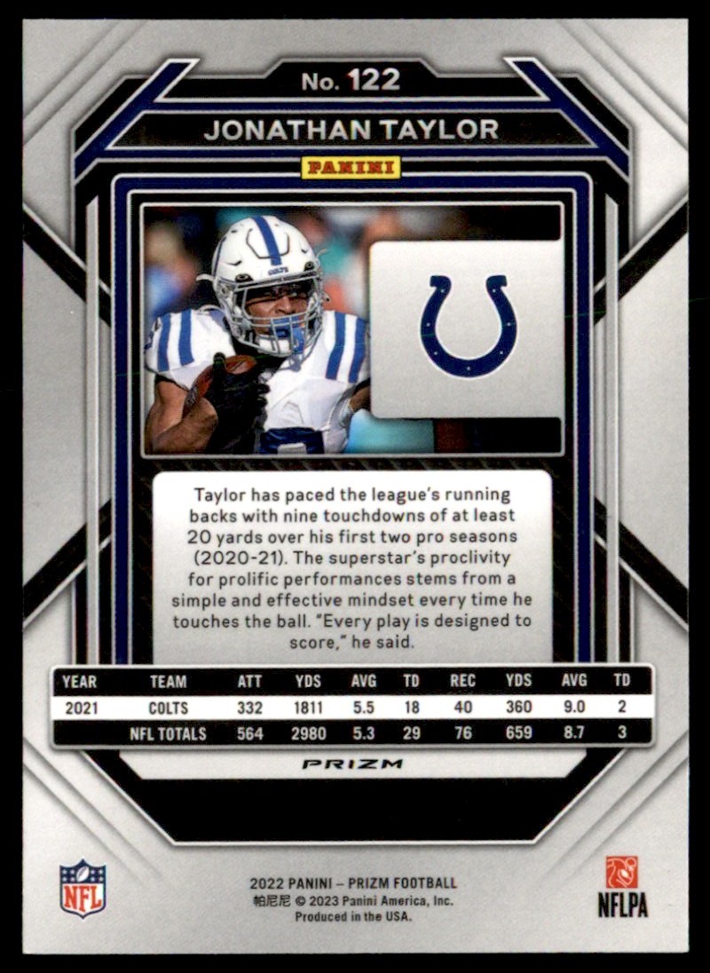 2022 Panini Prizm Green Jonathan Taylor #122 card back image