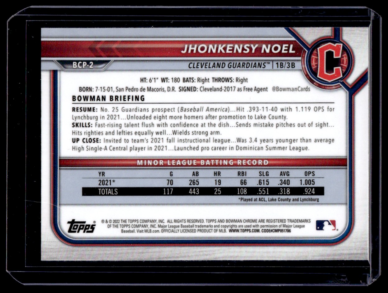 2022 Bowman Chrome Prospects Jhonkensy Noel #BCP-2 card back image