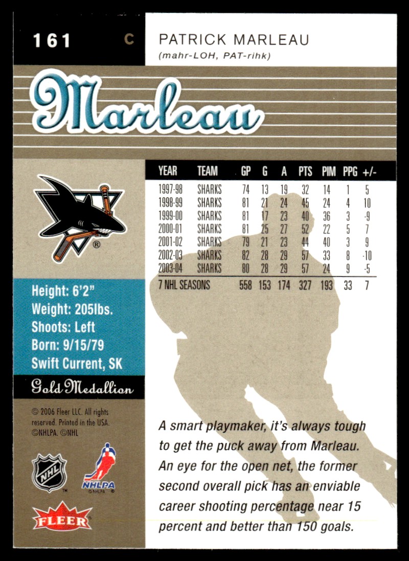2005-06 Ultra Gold Medallion Patrick Marleau #161 card back image