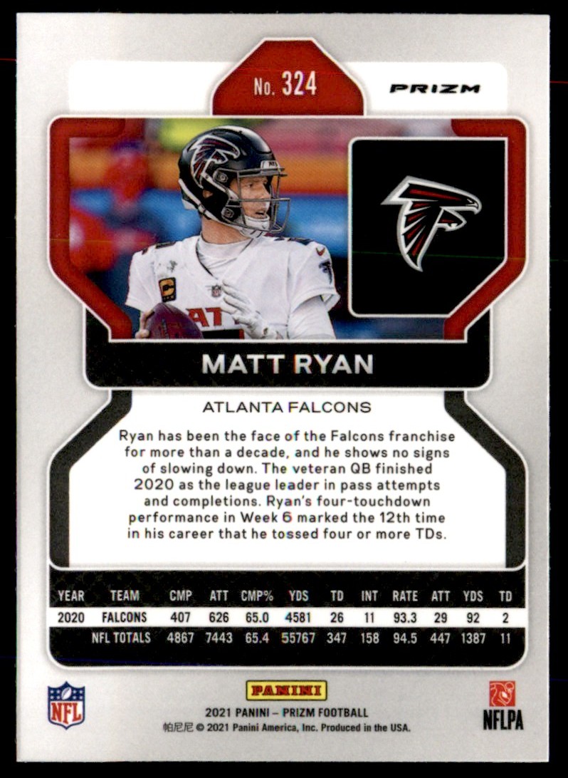 2021 Panini Prizm Silver Matt Ryan #324 card back image