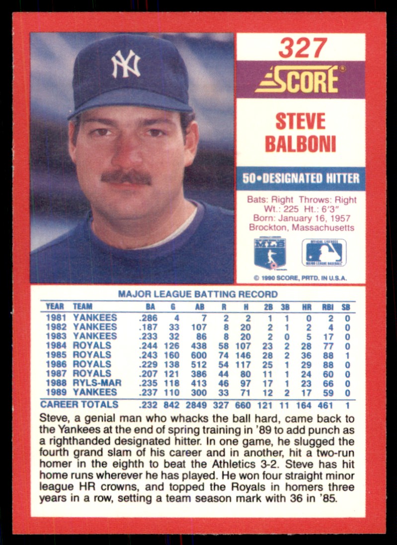 1990 Score Steve Balboni #327 on Kronozio