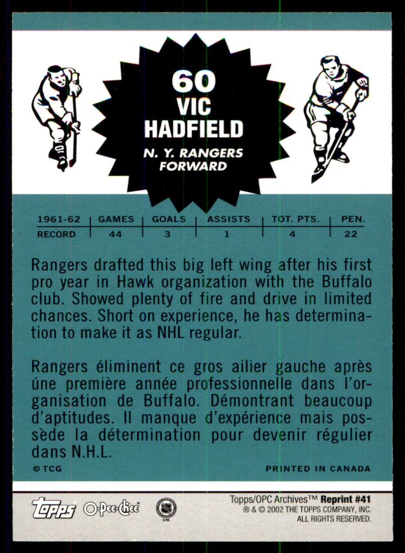 2001-02 Topps / O-Pee-Chee Archives Vic Hadfield #41 card back image