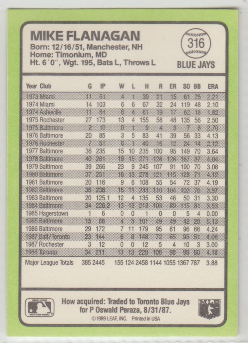 1989 Donruss Baseball's Best Mike Flanagan #316 card back image