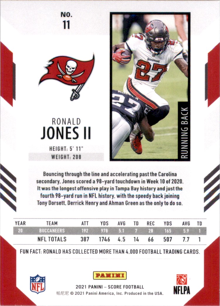 2021 Score Ronald Jones II #11 card back image