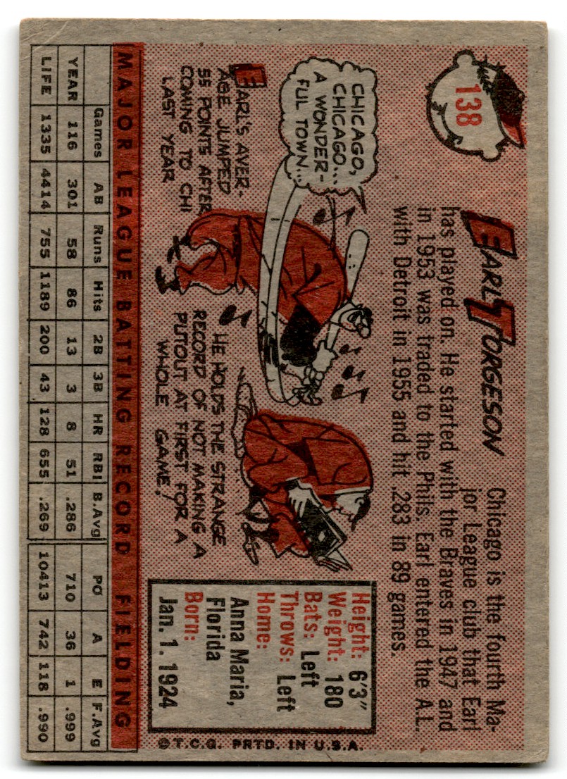 1958 Topps Earl Torgeson #138 card back image