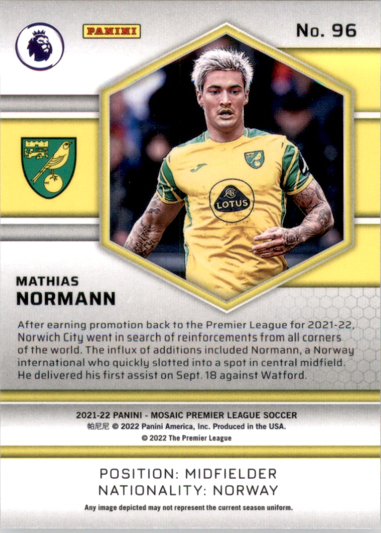 2021 Panini Mosaic English Premier League Mathias Normann #96 card back image