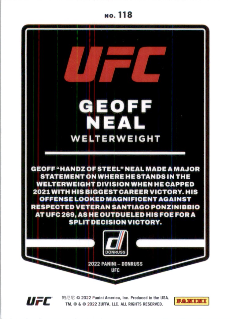 2022 Donruss UFC Geoff Neal #118 card back image