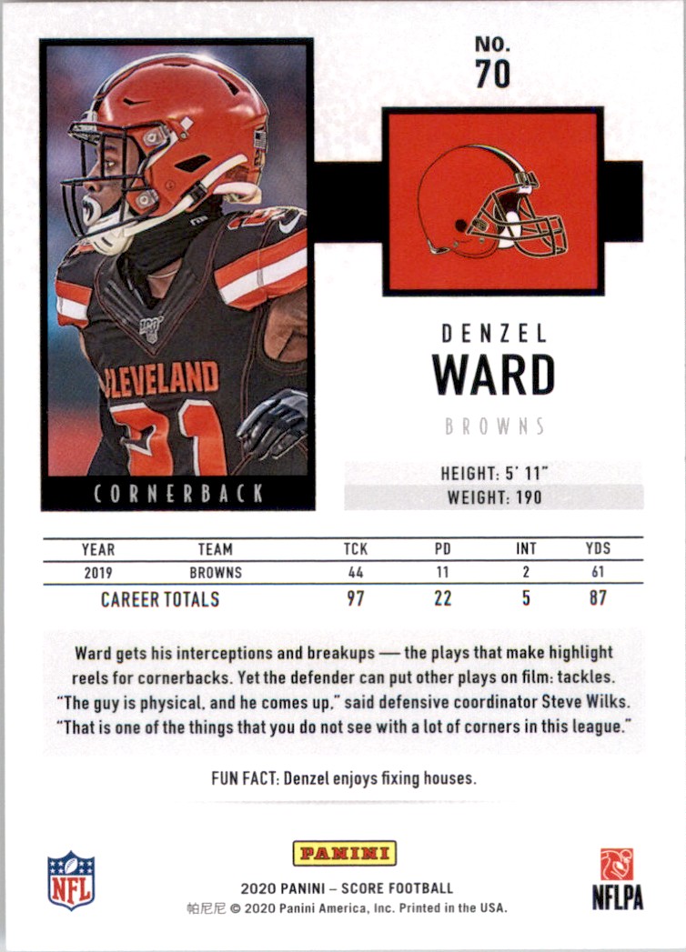 2020 Score Denzel Ward #70 card back image