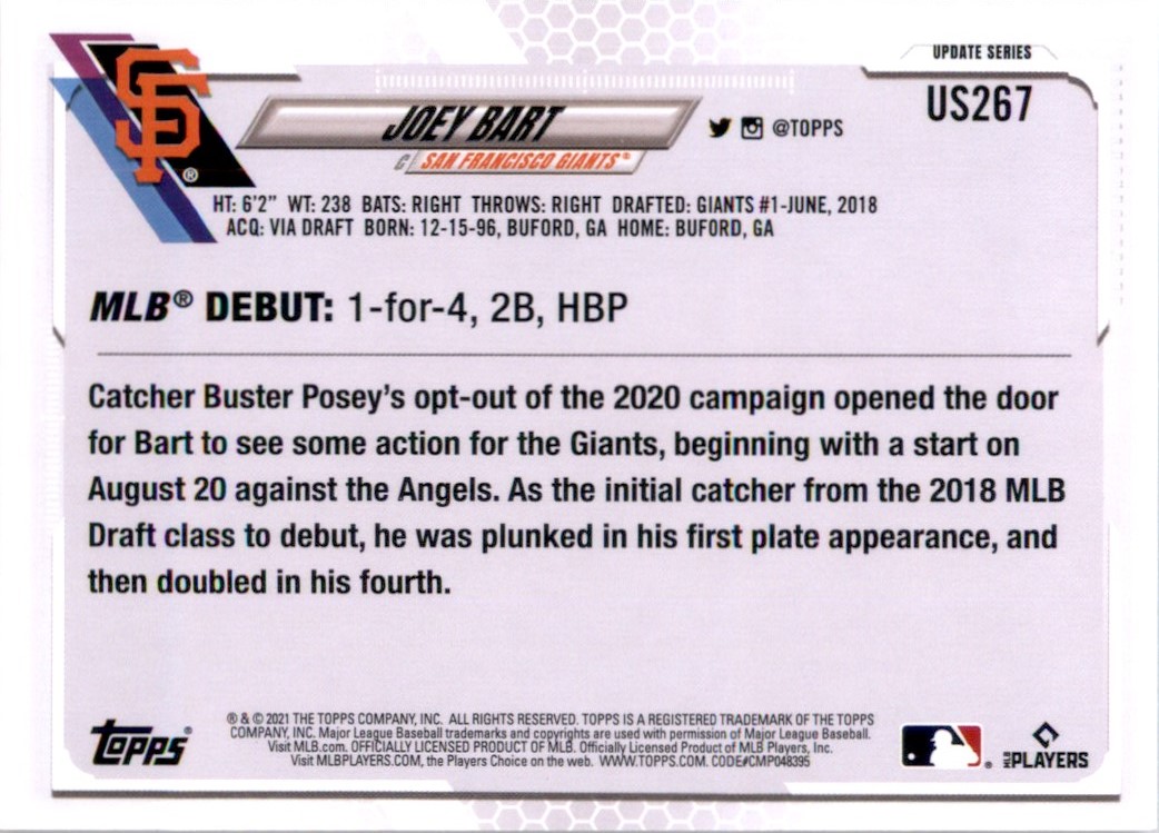 2021 Topps Update Joey Bart #US267 card back image