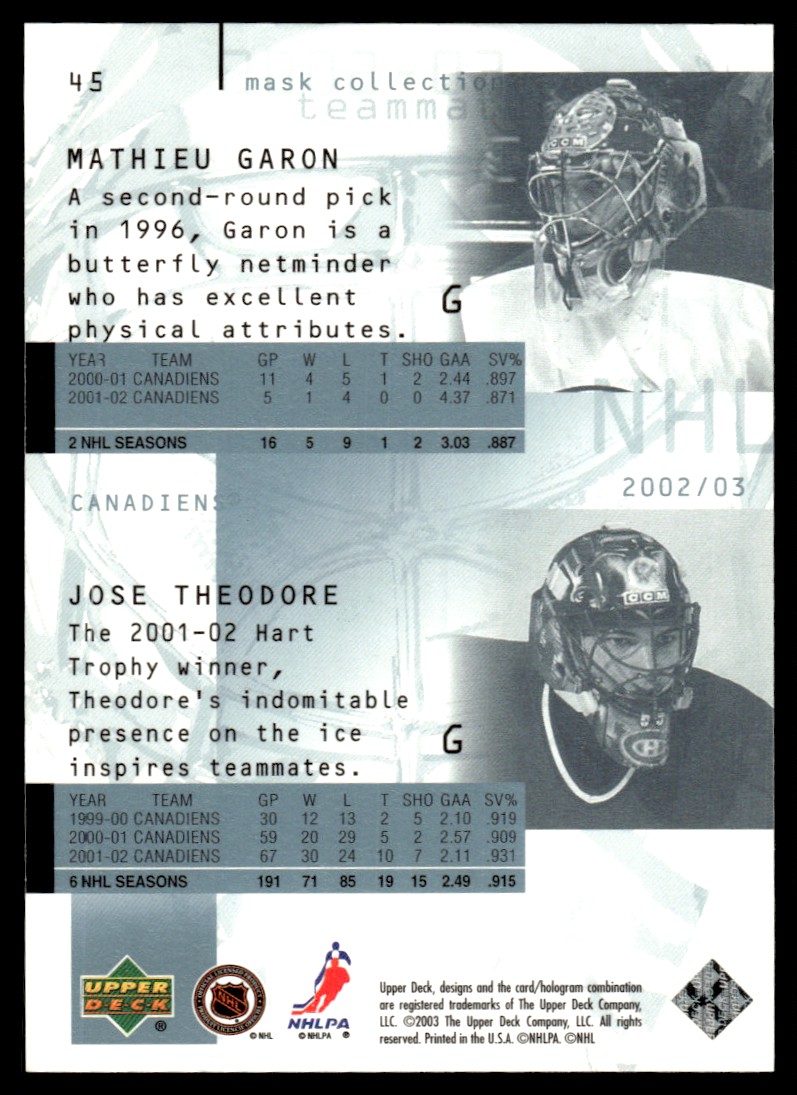 2002-03 Upper Deck Mask Collection ! Jose Theodore #45 card back image
