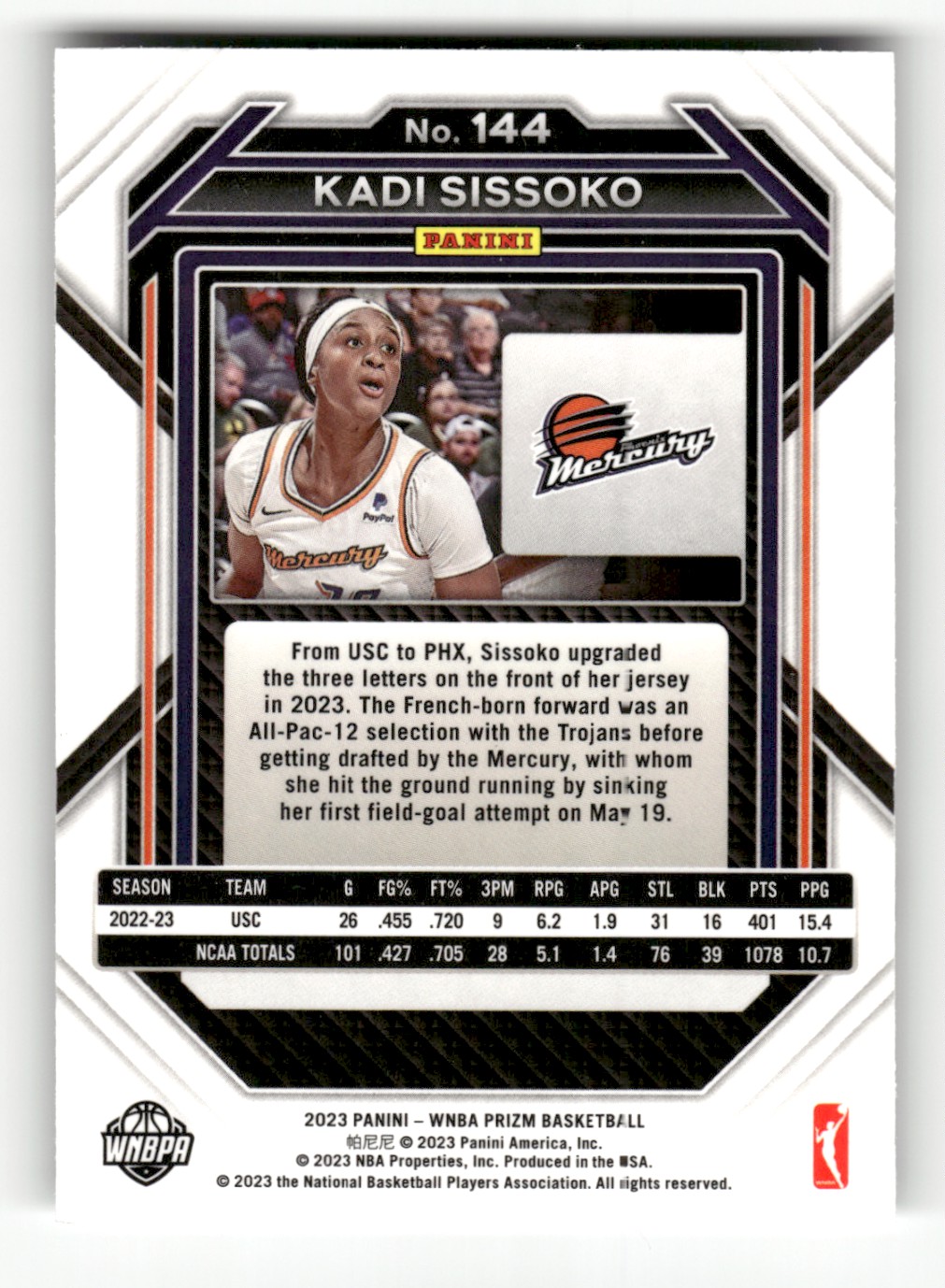 2023-24 Panini Prizm WNBA Kadi Sissoko #144 card back image