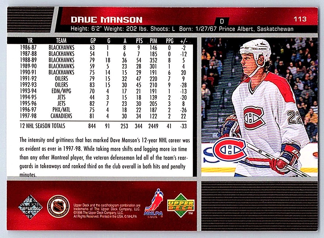 1998-99 Upper Deck Dave Manson #113 card back image