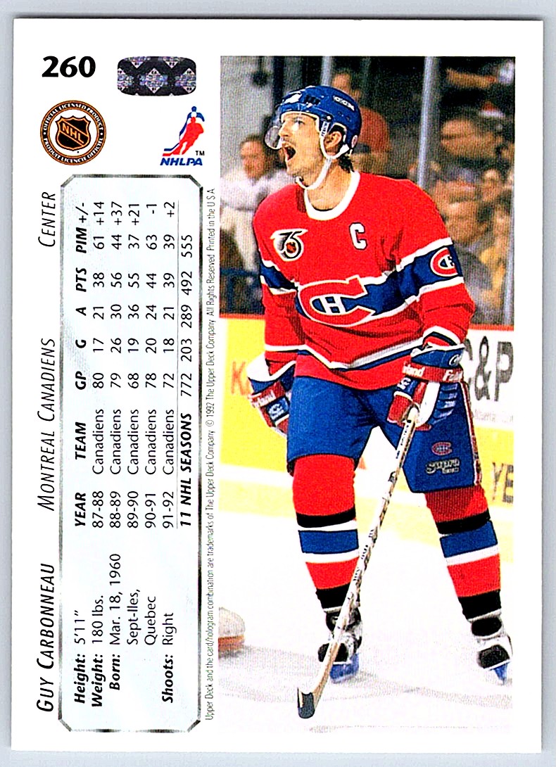 1992-93 Upper Deck Guy Carbonneau #260 card back image