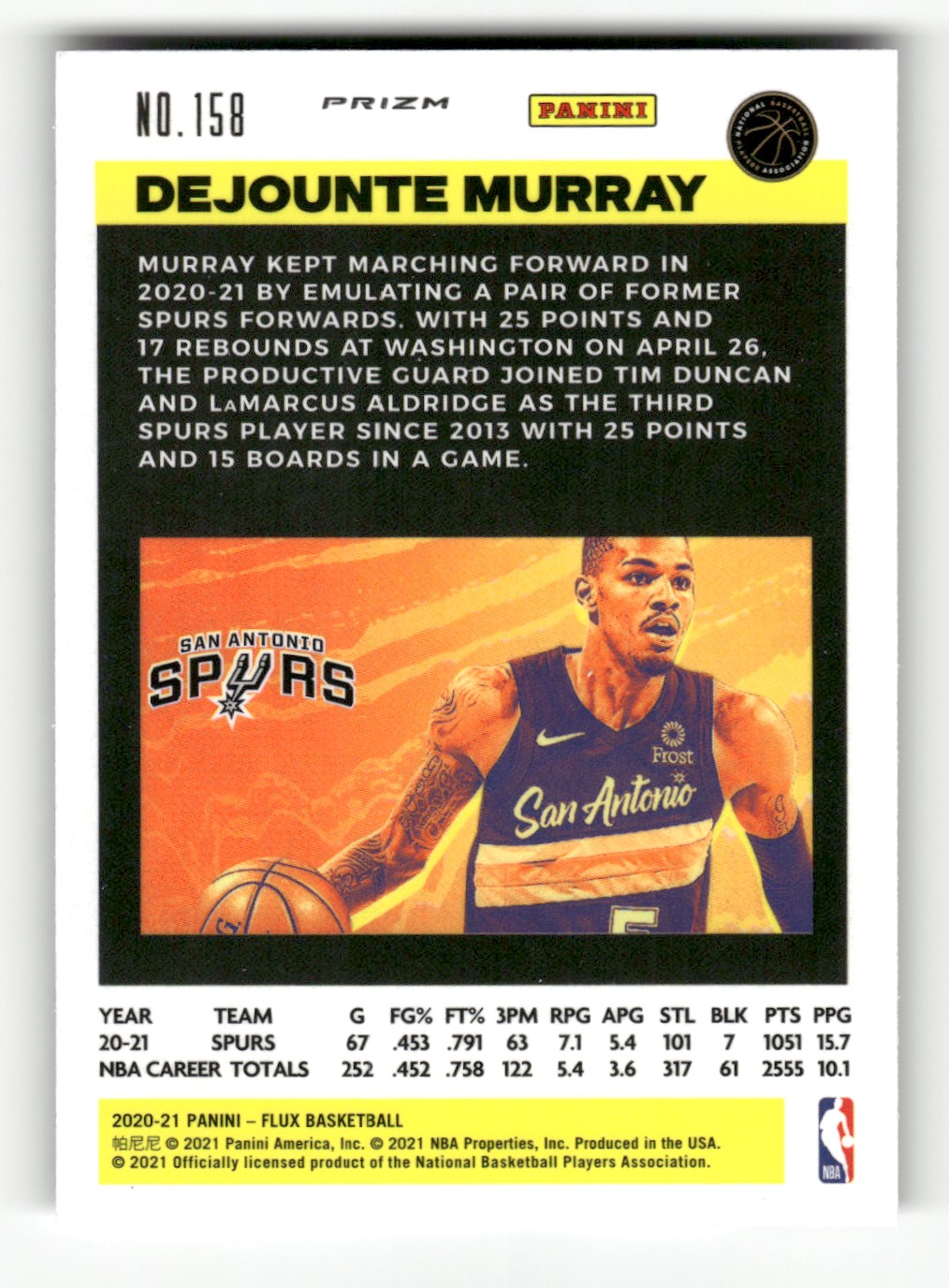 2020-21 Panini Flux Pulsar Dejounte Murray #158 card back image