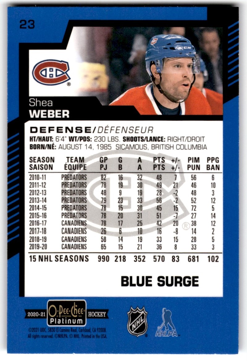 2020-21 O-Pee-Chee Platinum Blue Surge Shea Weber #23 card back image