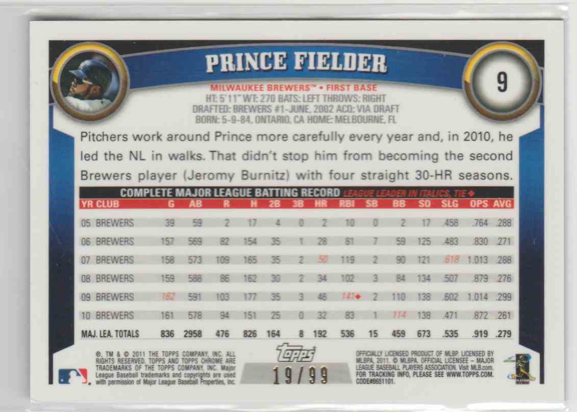 2011 Topps Chrome Blue Refractors Prince Fielder #9 card back image