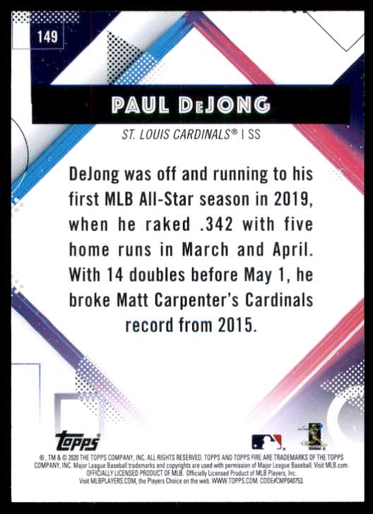 2020 Topps Fire Paul DeJong #149 card back image