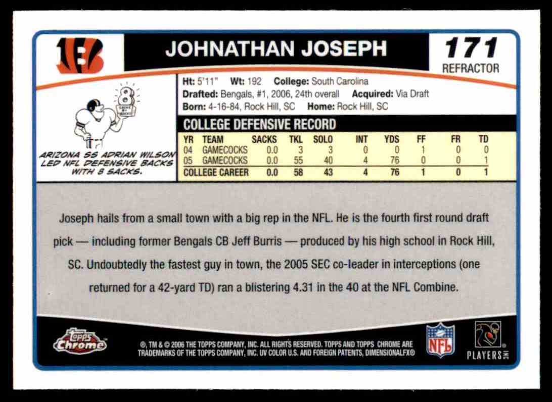 2006 Topps Chrome Refractors Johnathan Joseph #171 card back image