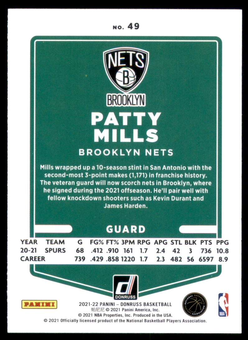 2021-22 Donruss Patty Mills #49 card back image