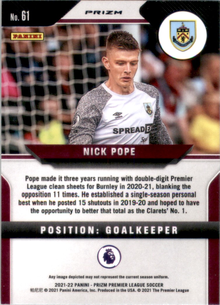 2021 Panini Prizm English Premier League Prizms Red White and Blue Nick Pope #61 card back image
