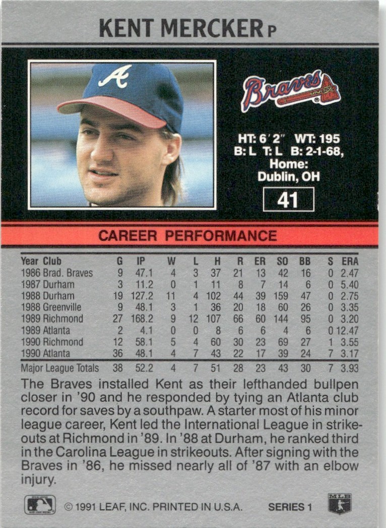 1991 Leaf Major League MLB Baseball Kent Mercker #41 card back image