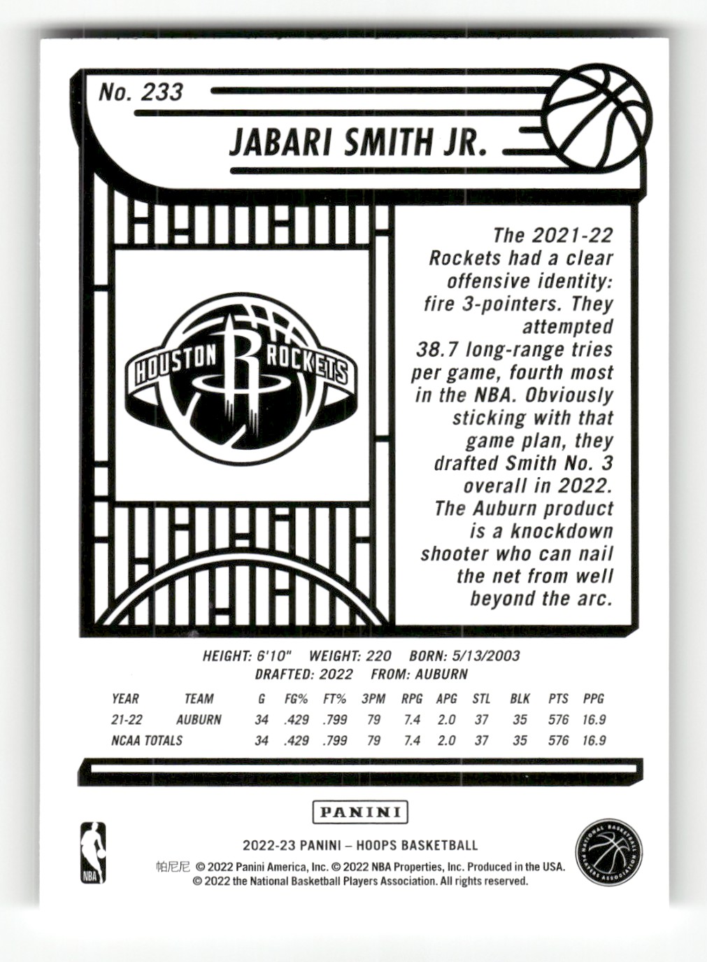 2022-23 Hoops Jabari Smith Jr. #233 card back image