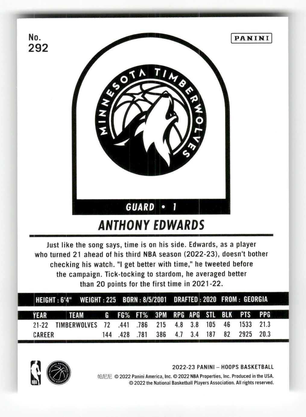 2022-23 Hoops Anthony Edwards #292 card back image