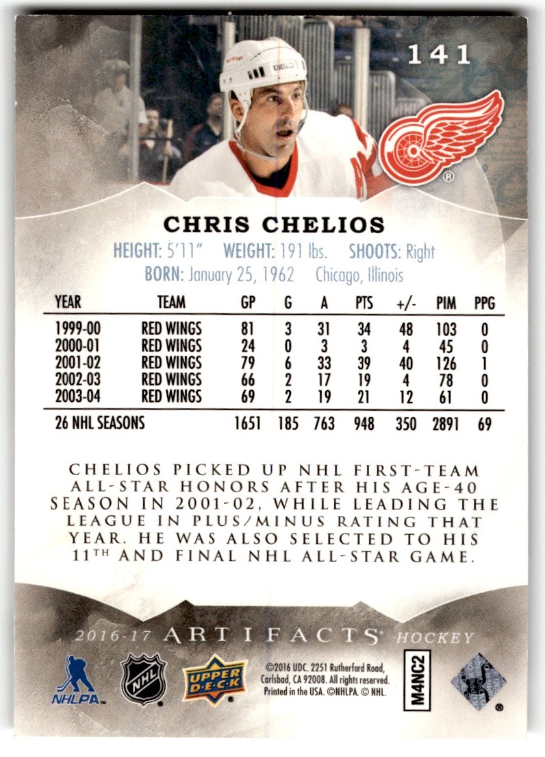 2016-17 Upper Deck Artifacts Legends Chris Chelios #141 card back image
