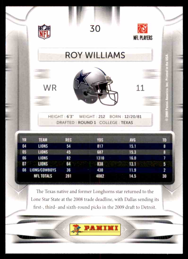 2009 Playoff Prestige Roy Williams Wr #30 card back image